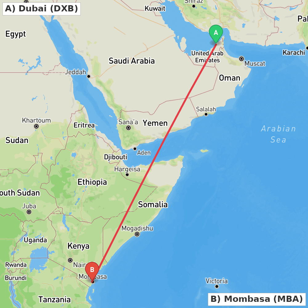 Flight route map from Dubai to Mombasa