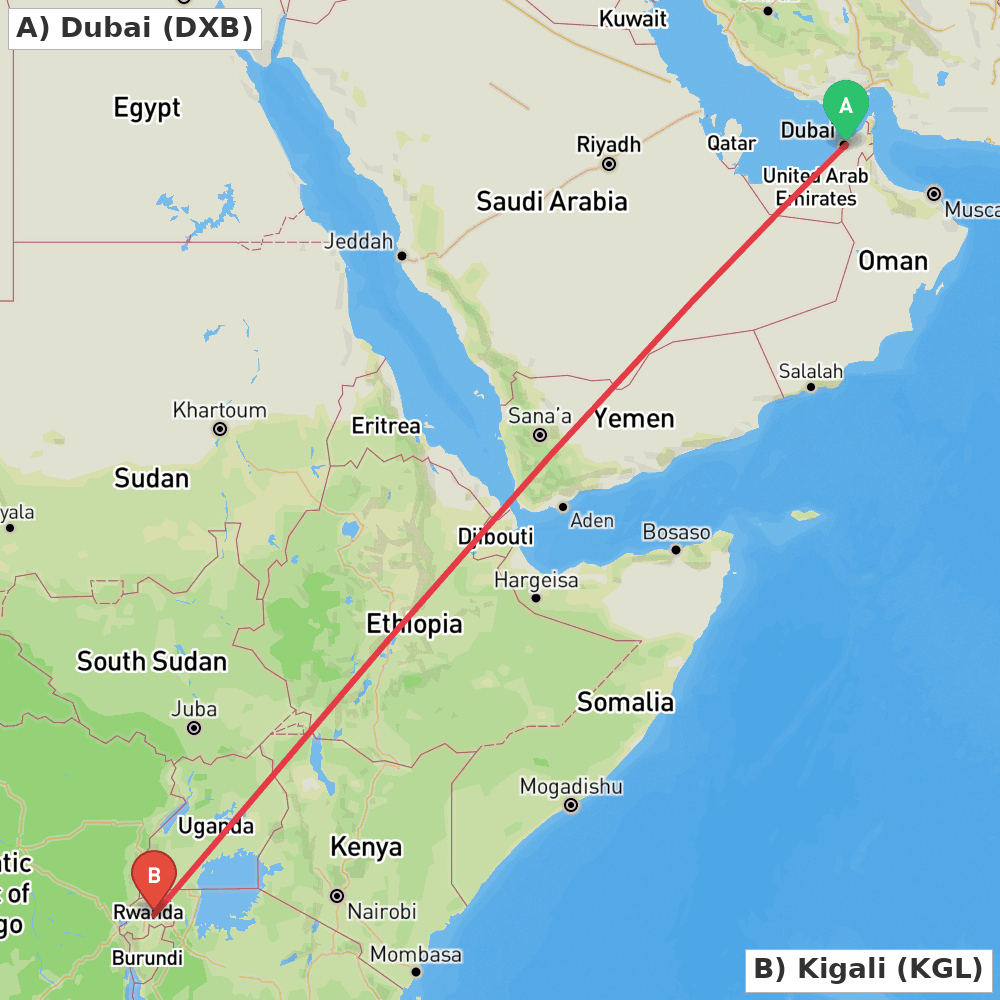 Flight route map from Dubai to Kigali