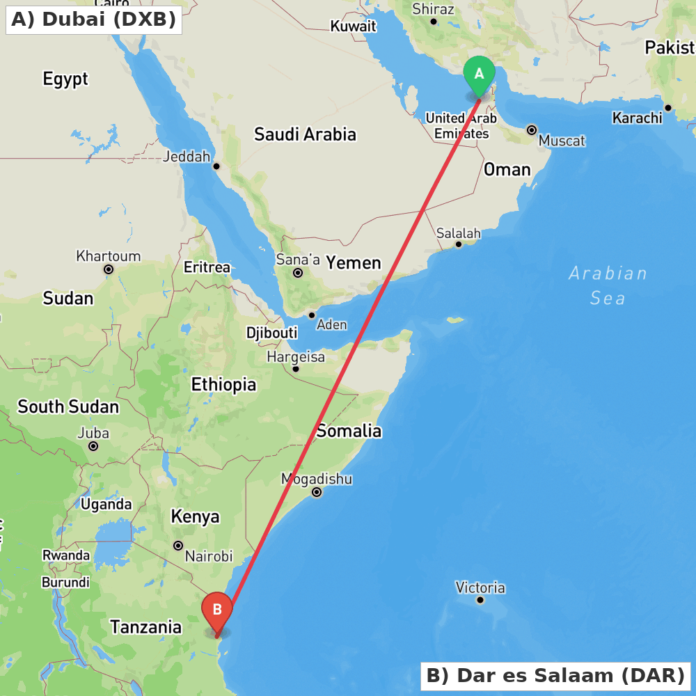 Flight route map from Dubai to Dar es Salaam