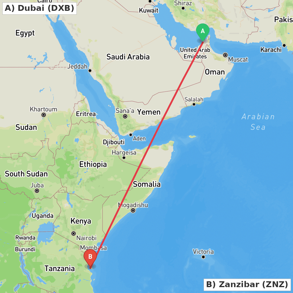 Flight route map from Dubai to Zanzibar
