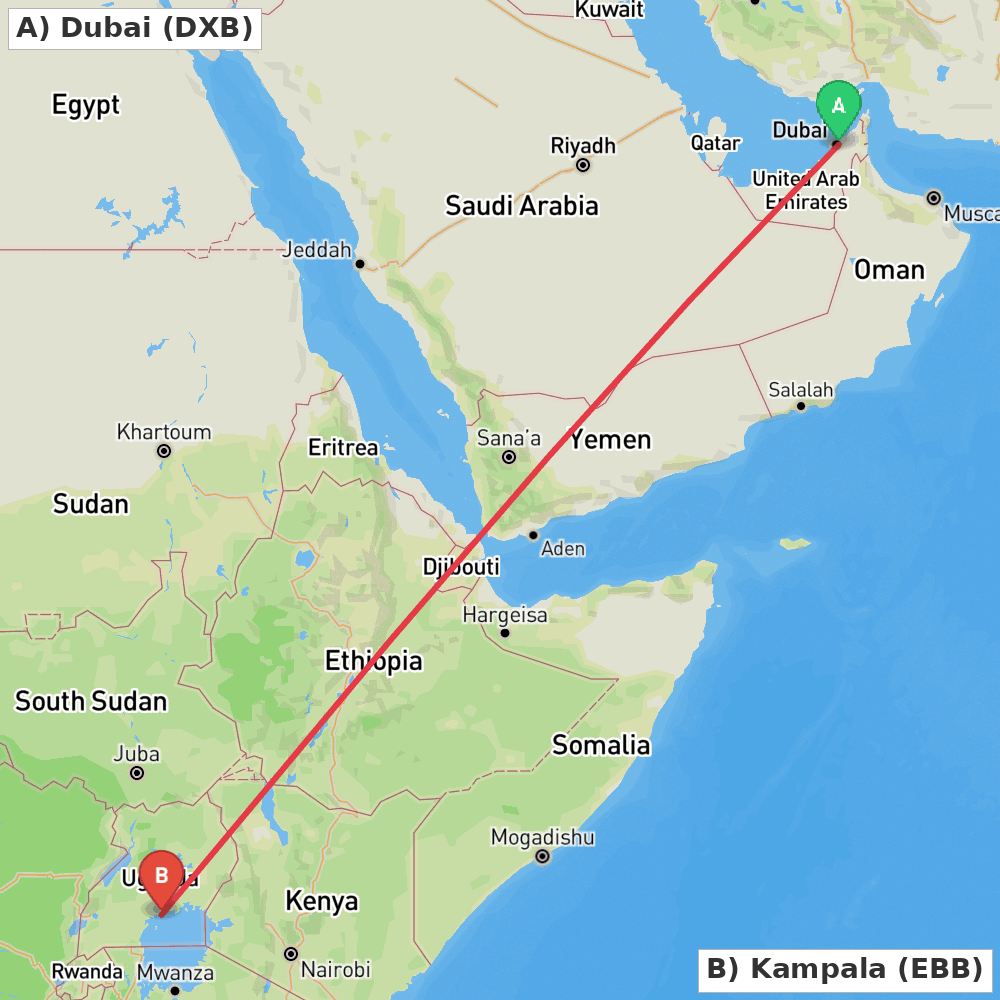 Flight route map from Dubai to Kampala