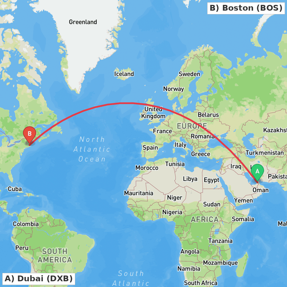 Flight route map from Dubai to Boston