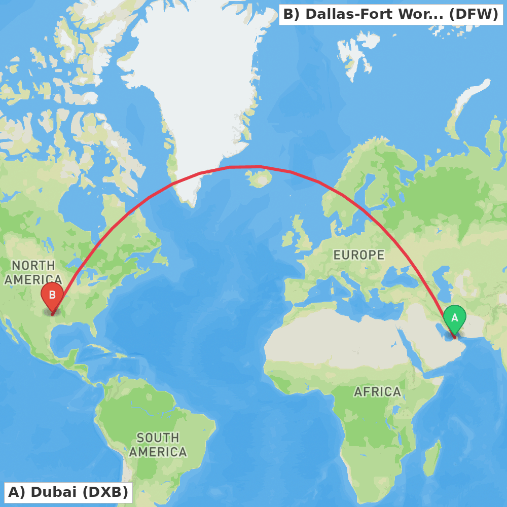 Flight route map from Dubai to Dallas-Fort Worth