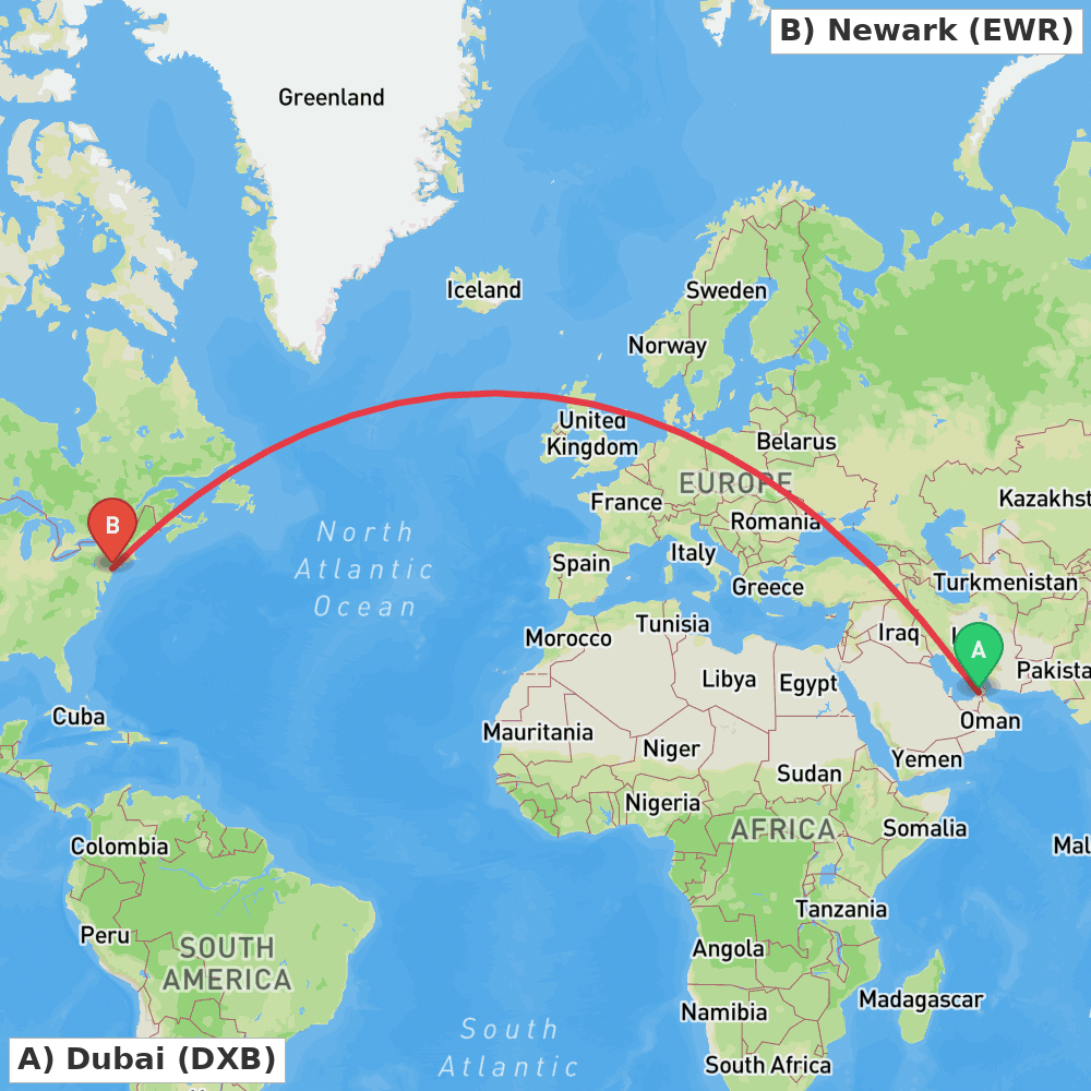 Flight route map from Dubai to Newark