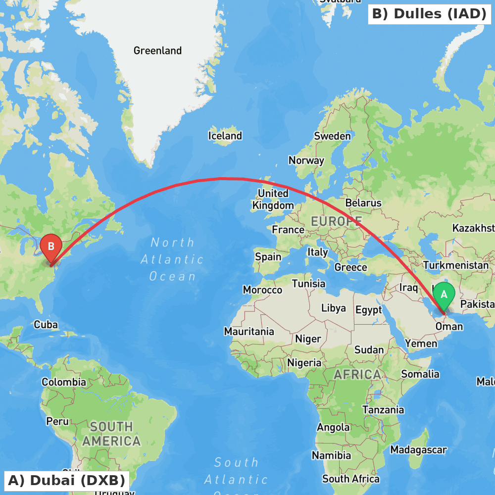 Flight route map from Dubai to Dulles