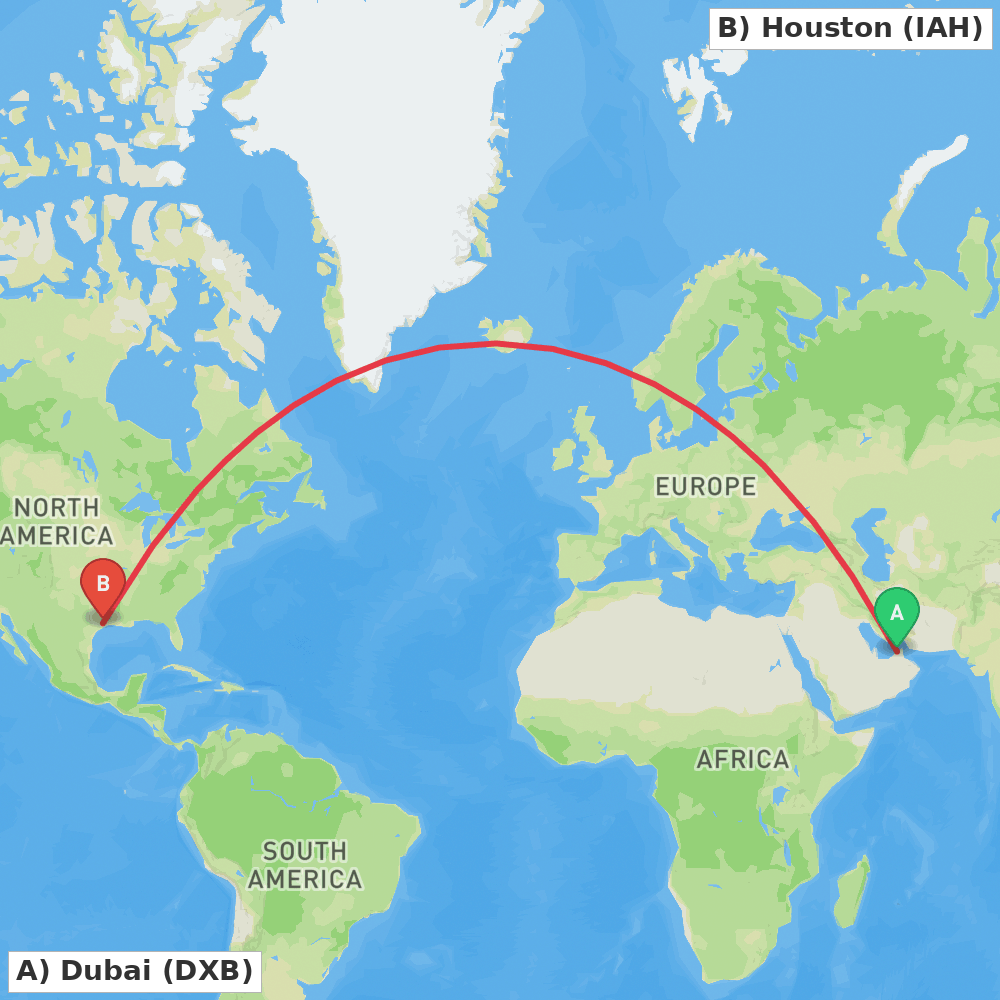 Flight route map from Dubai to Houston