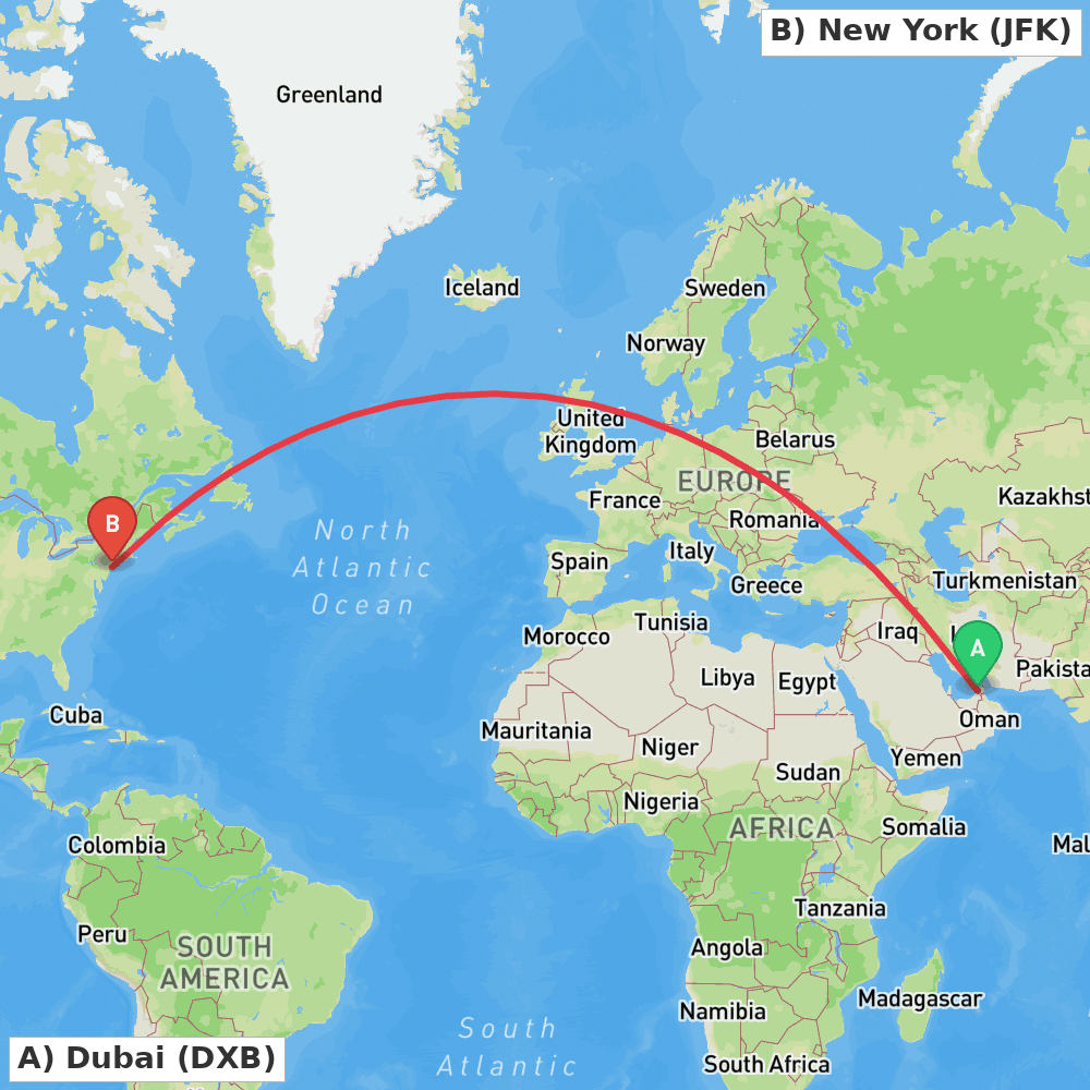 Flight route map from Dubai to New York