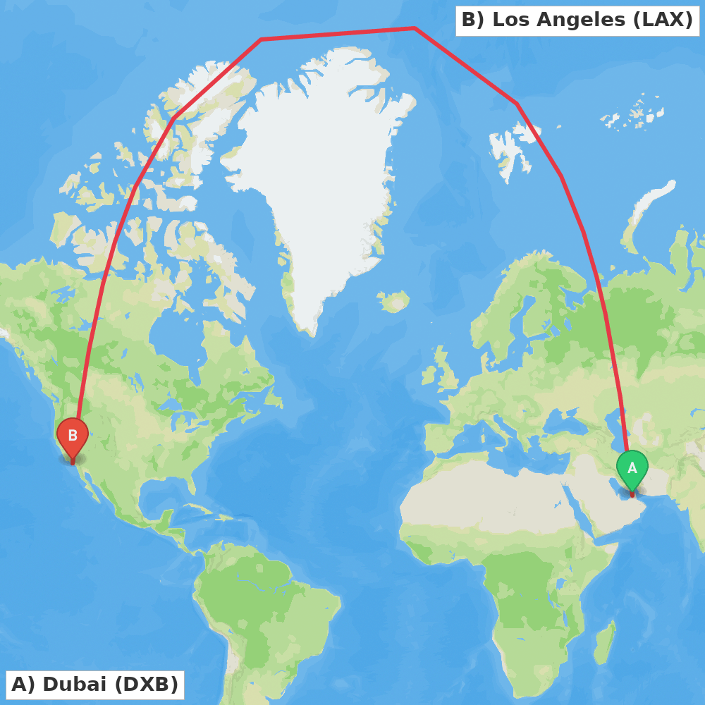 Flight route map from Dubai to Los Angeles