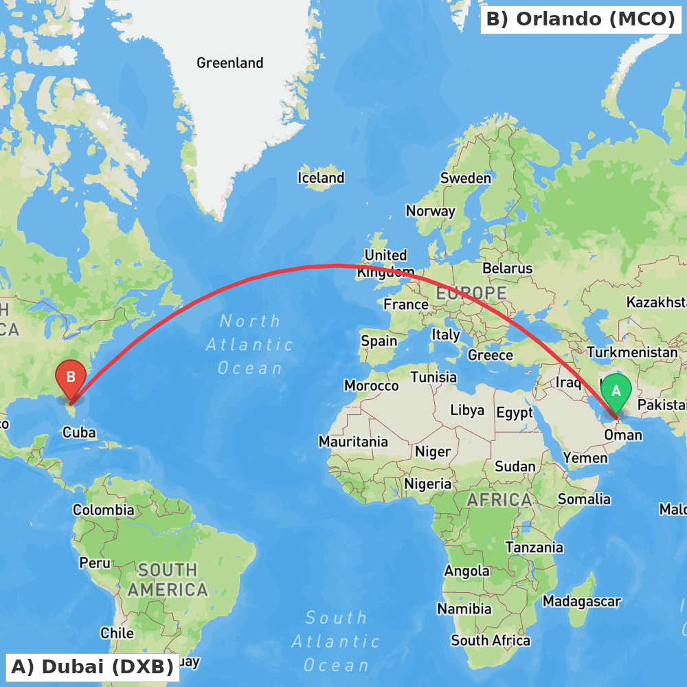 Flight route map from Dubai to Orlando