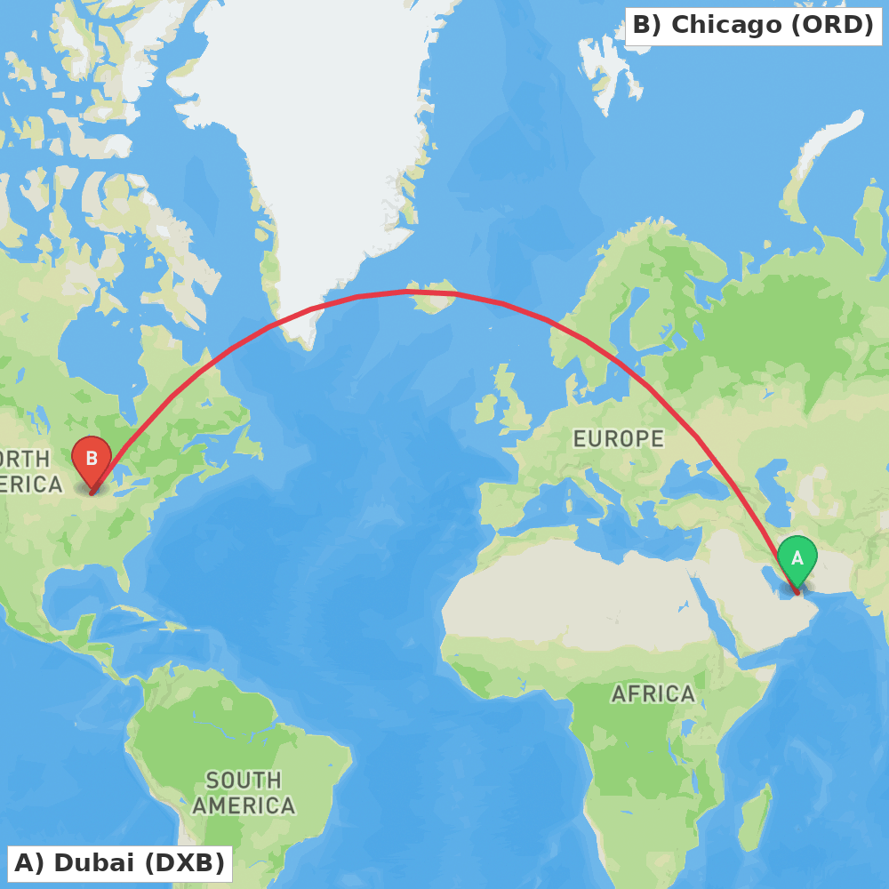 Flight route map from Dubai to Chicago