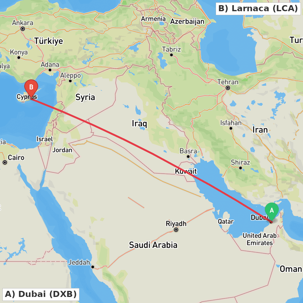 Flight route map from Dubai to Larnaca