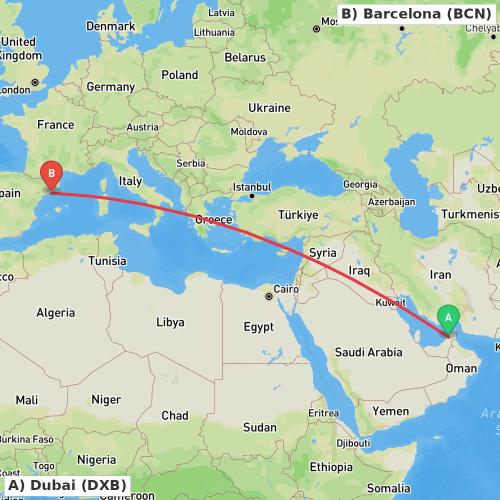 Flight route map from Dubai to Barcelona