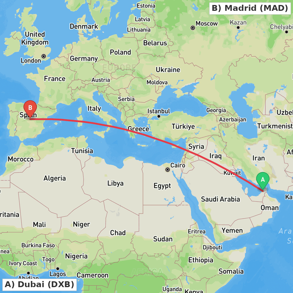 Flight route map from Dubai to Madrid