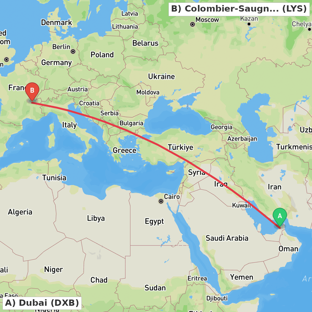 Flight route map from Dubai to Colombier-Saugnieu, Rhône