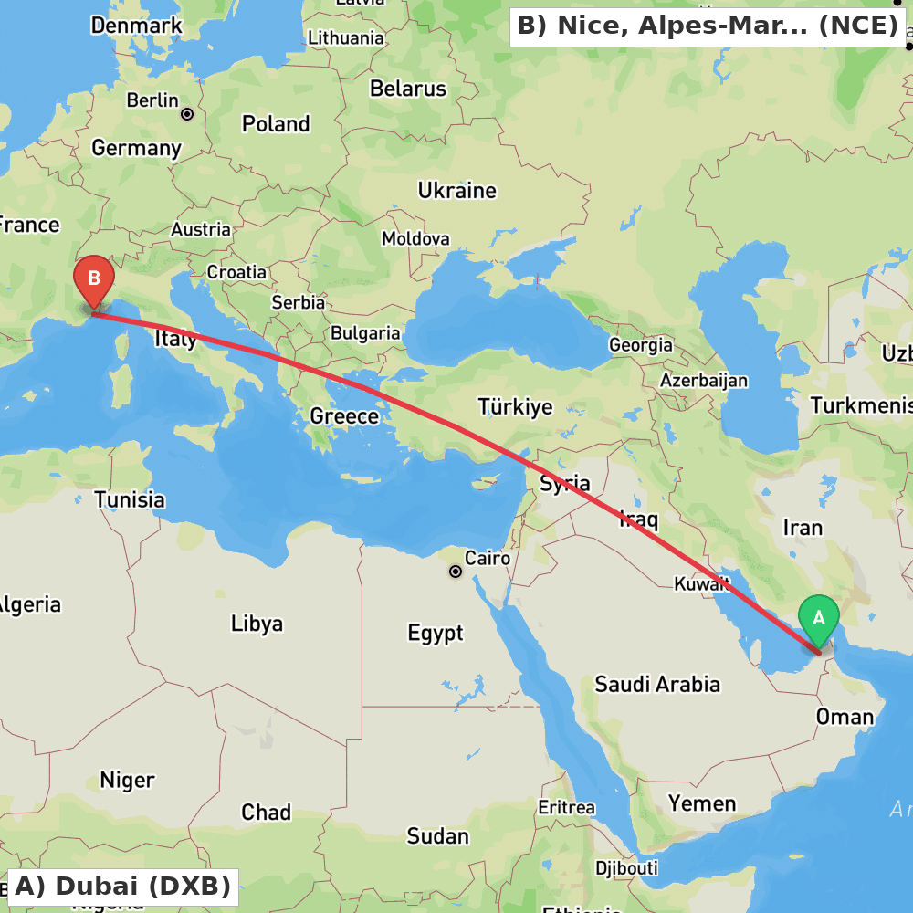 Flight route map from Dubai to Nice, Alpes-Maritimes