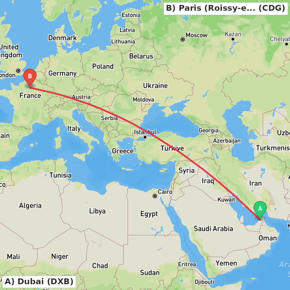 Flight route map from Dubai to Paris (Roissy-en-France, Val-d'Oise)