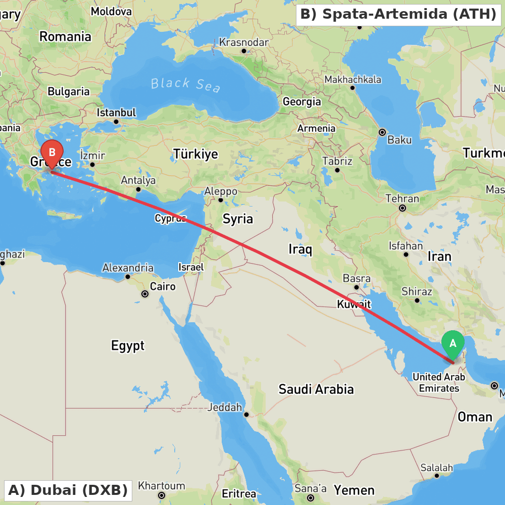 Flight route map from Dubai to Spata-Artemida