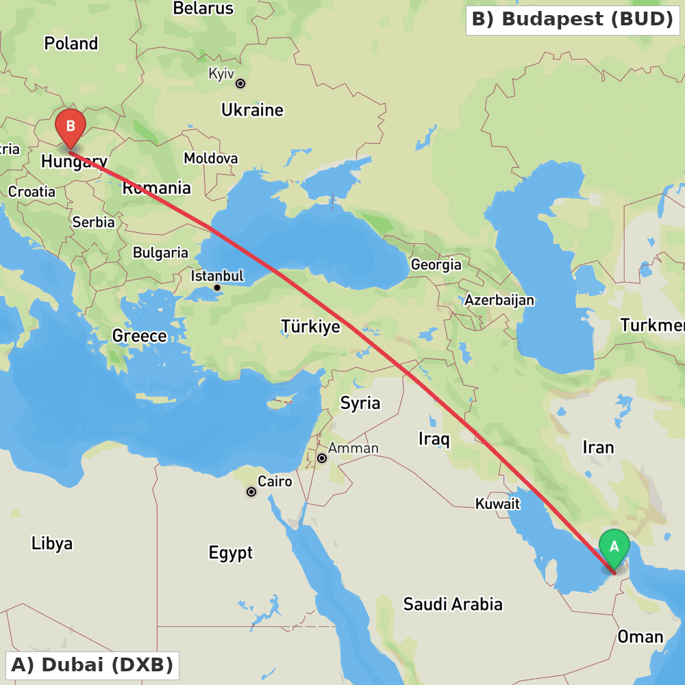 Flight route map from Dubai to Budapest