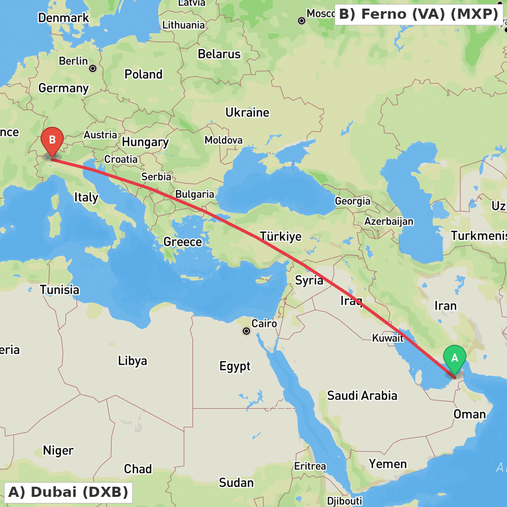 Flight route map from Dubai to Ferno (VA)
