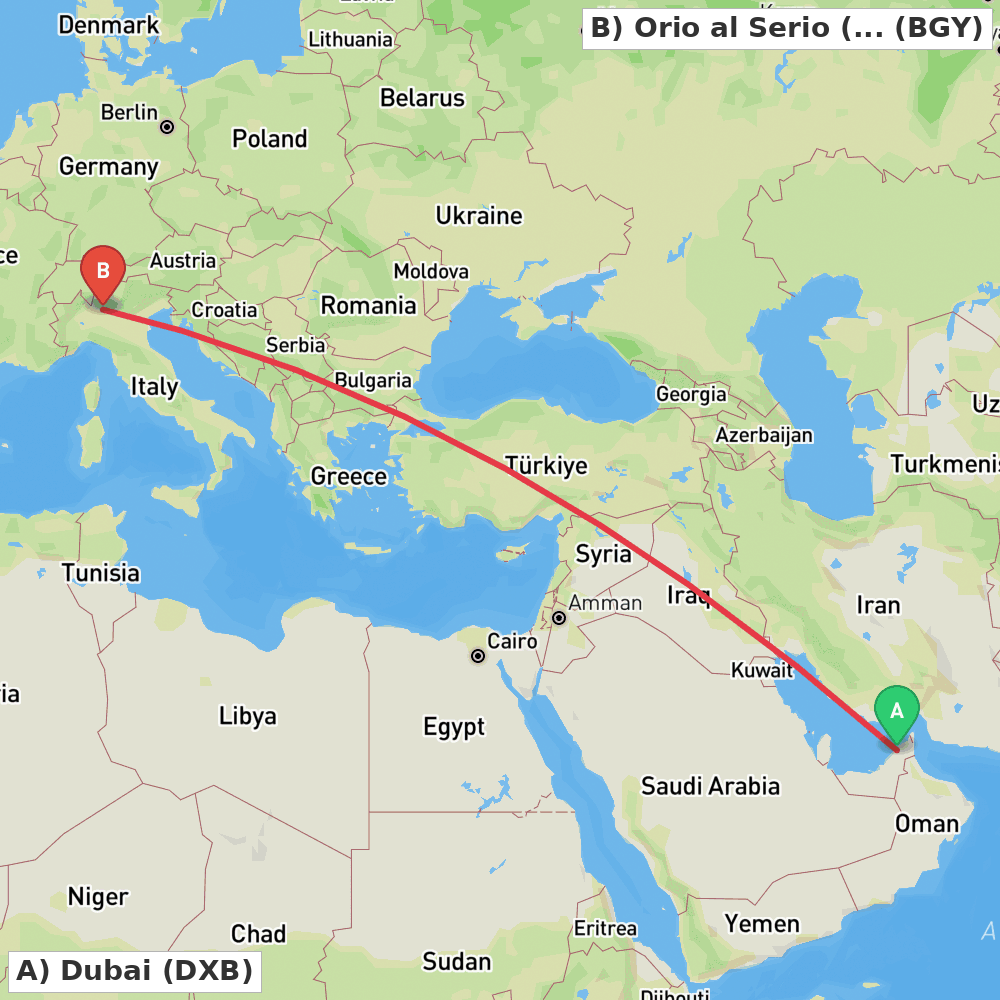 Flight route map from Dubai to Orio al Serio (BG)