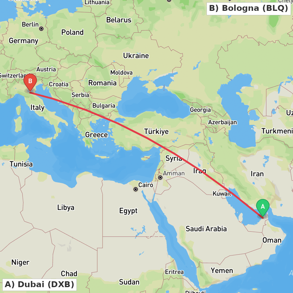 Flight route map from Dubai to Bologna