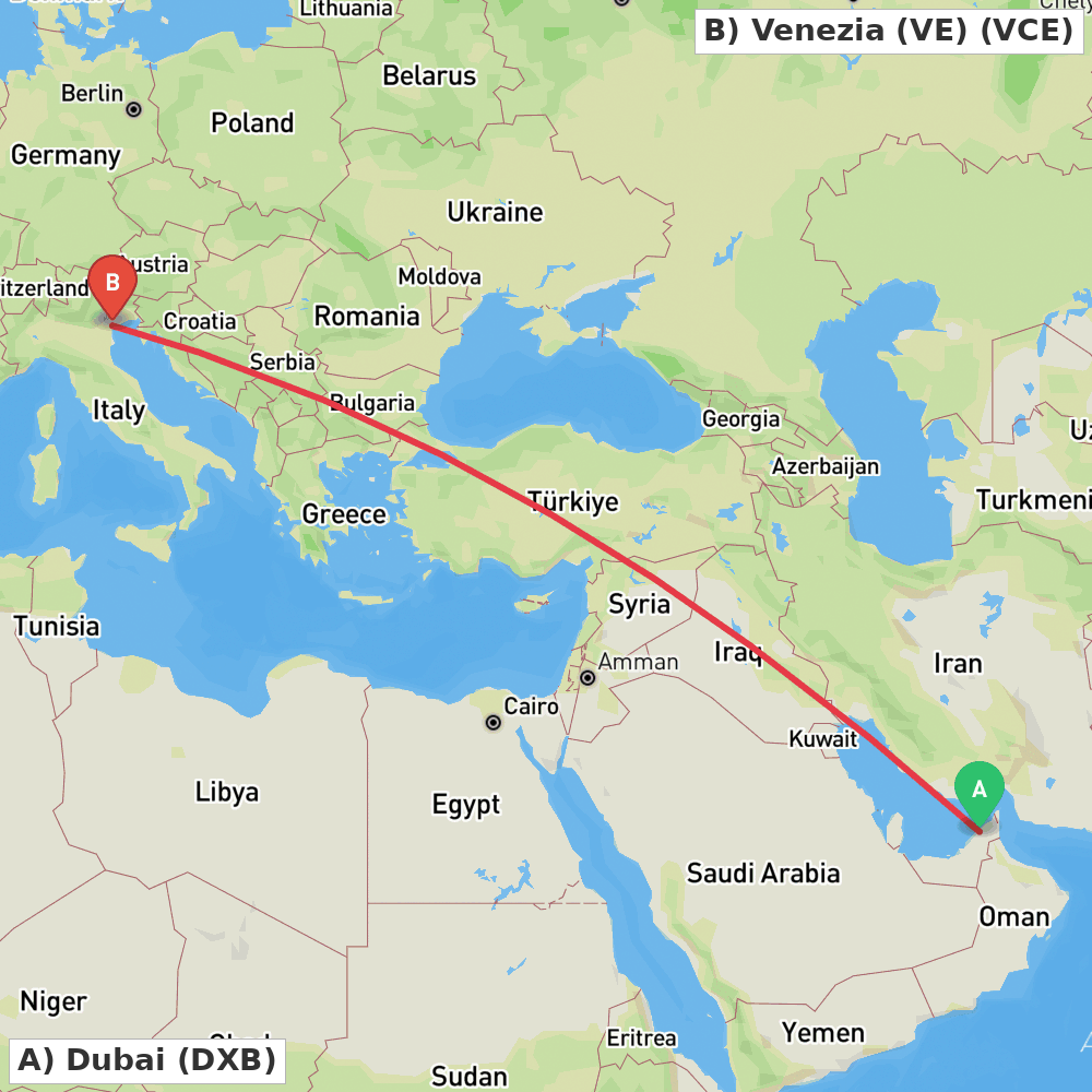 Flight route map from Dubai to Venezia (VE)