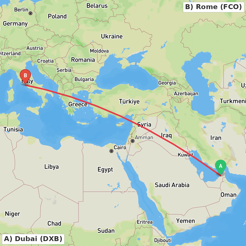 Flight route map from Dubai to Rome
