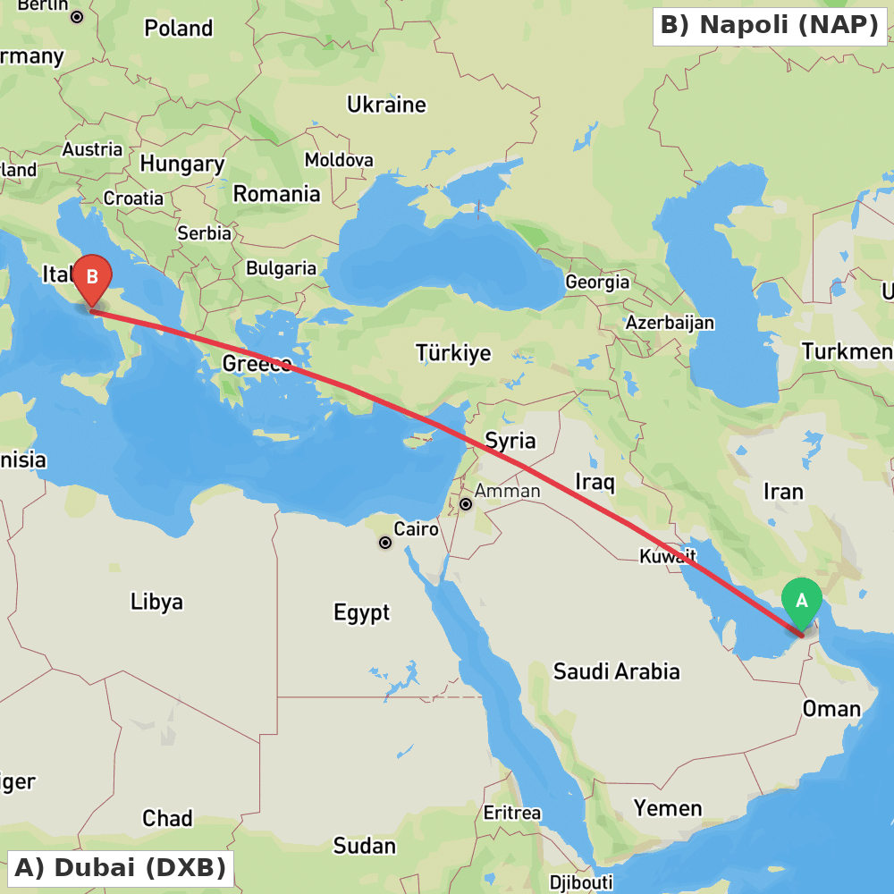 Flight route map from Dubai to Napoli