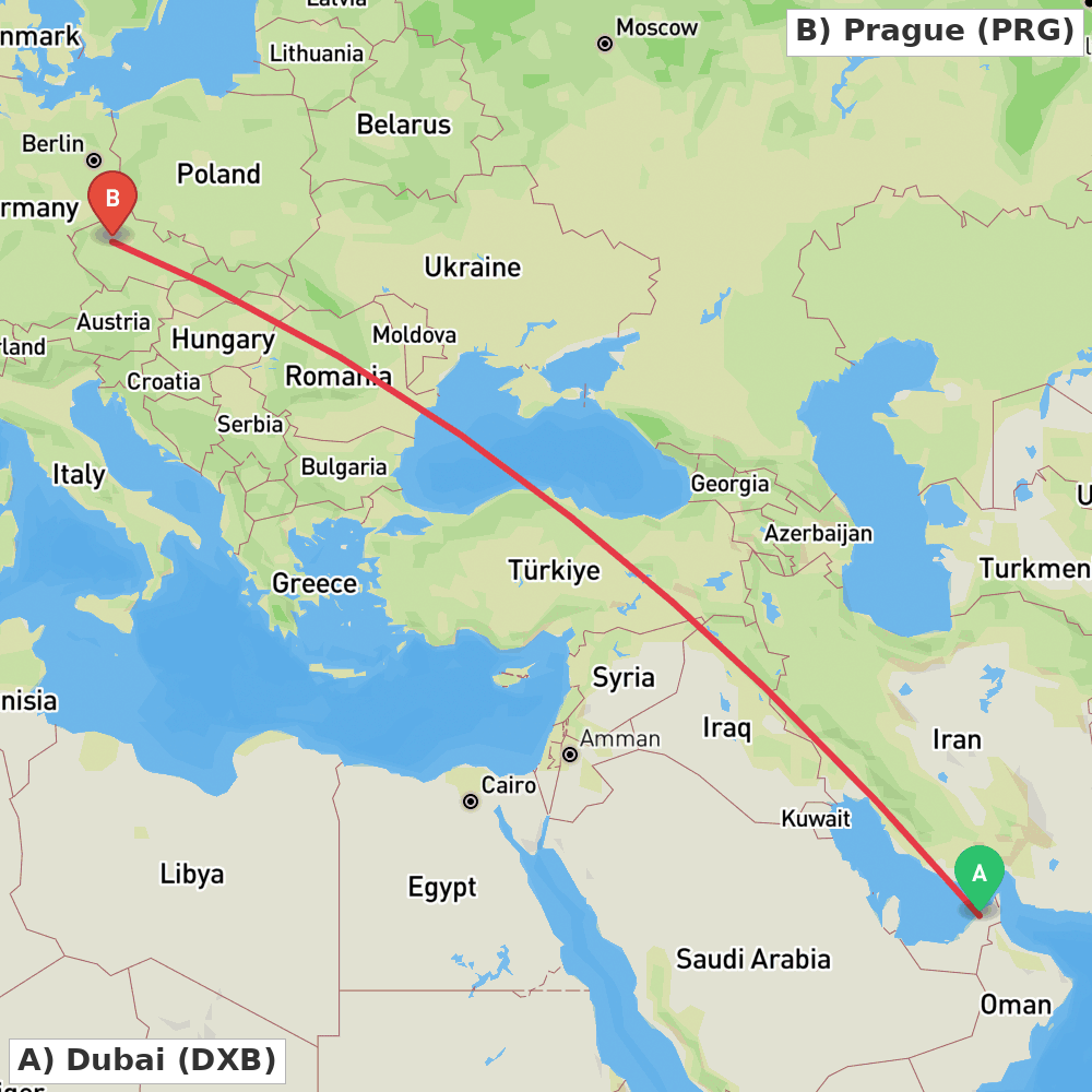 Flight route map from Dubai to Prague