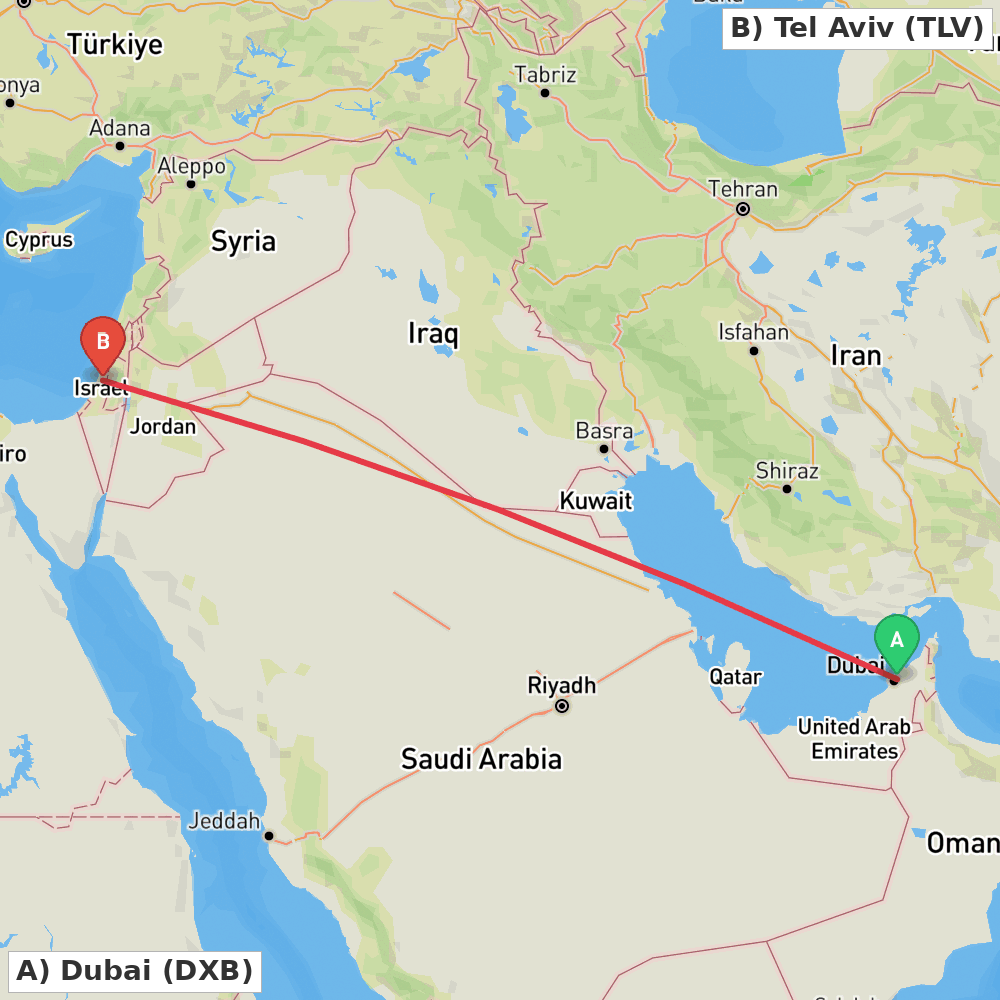 Flight route map from Dubai to Tel Aviv