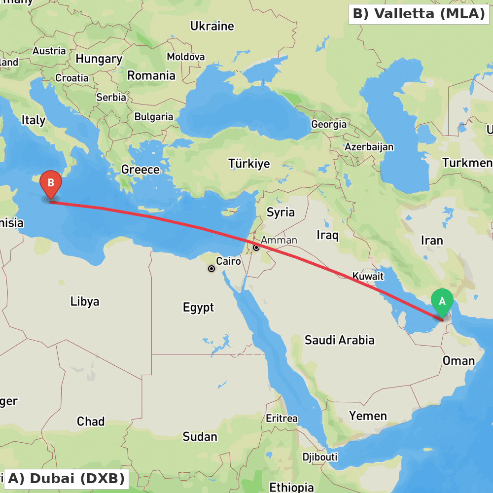 Flight route map from Dubai to Valletta