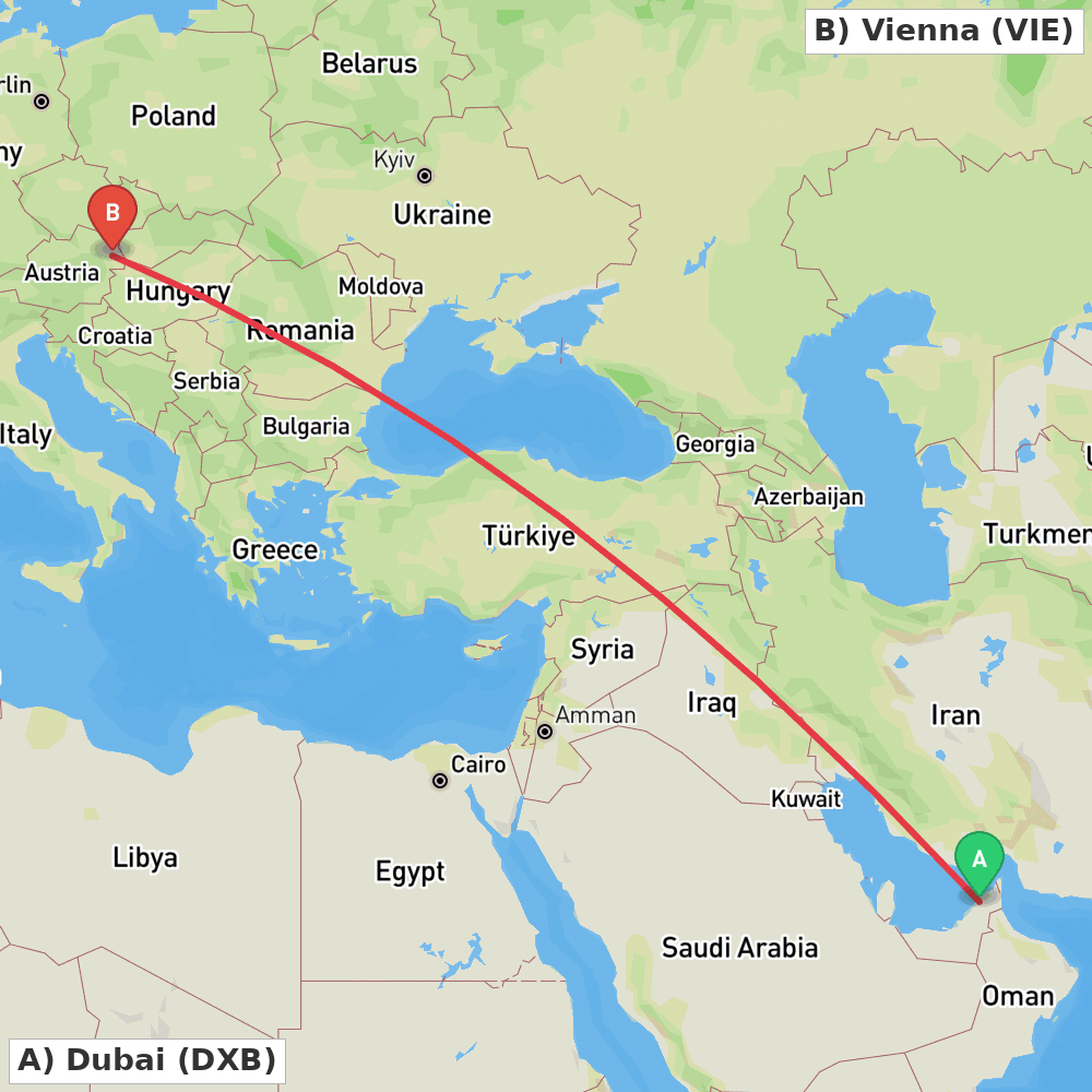Flight route map from Dubai to Vienna
