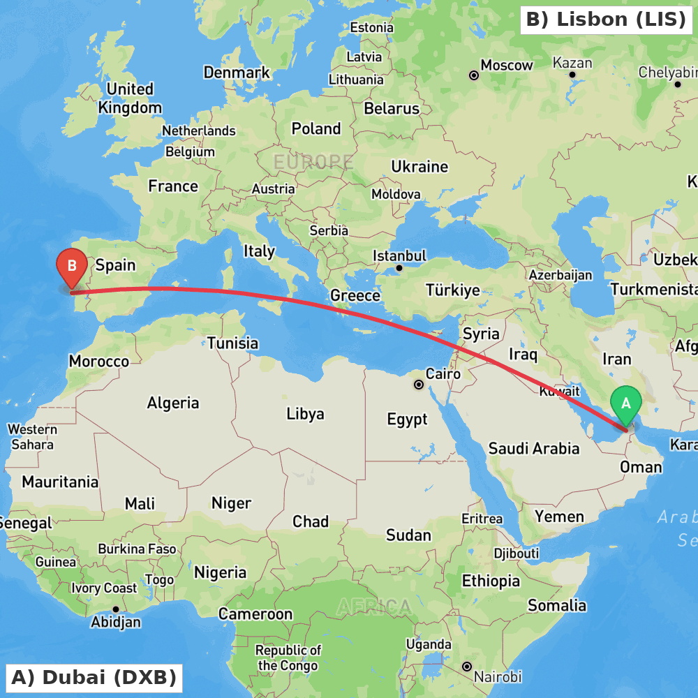 Flight route map from Dubai to Lisbon