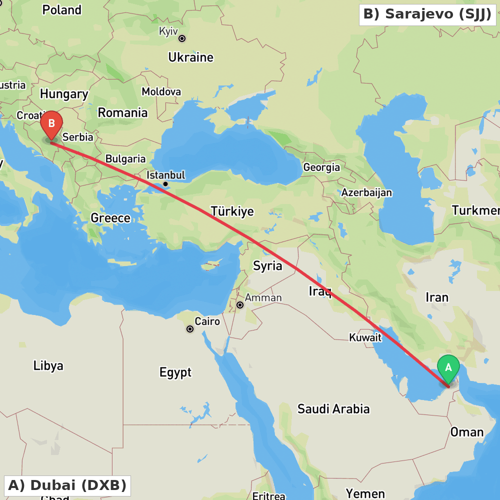 Flight route map from Dubai to Sarajevo