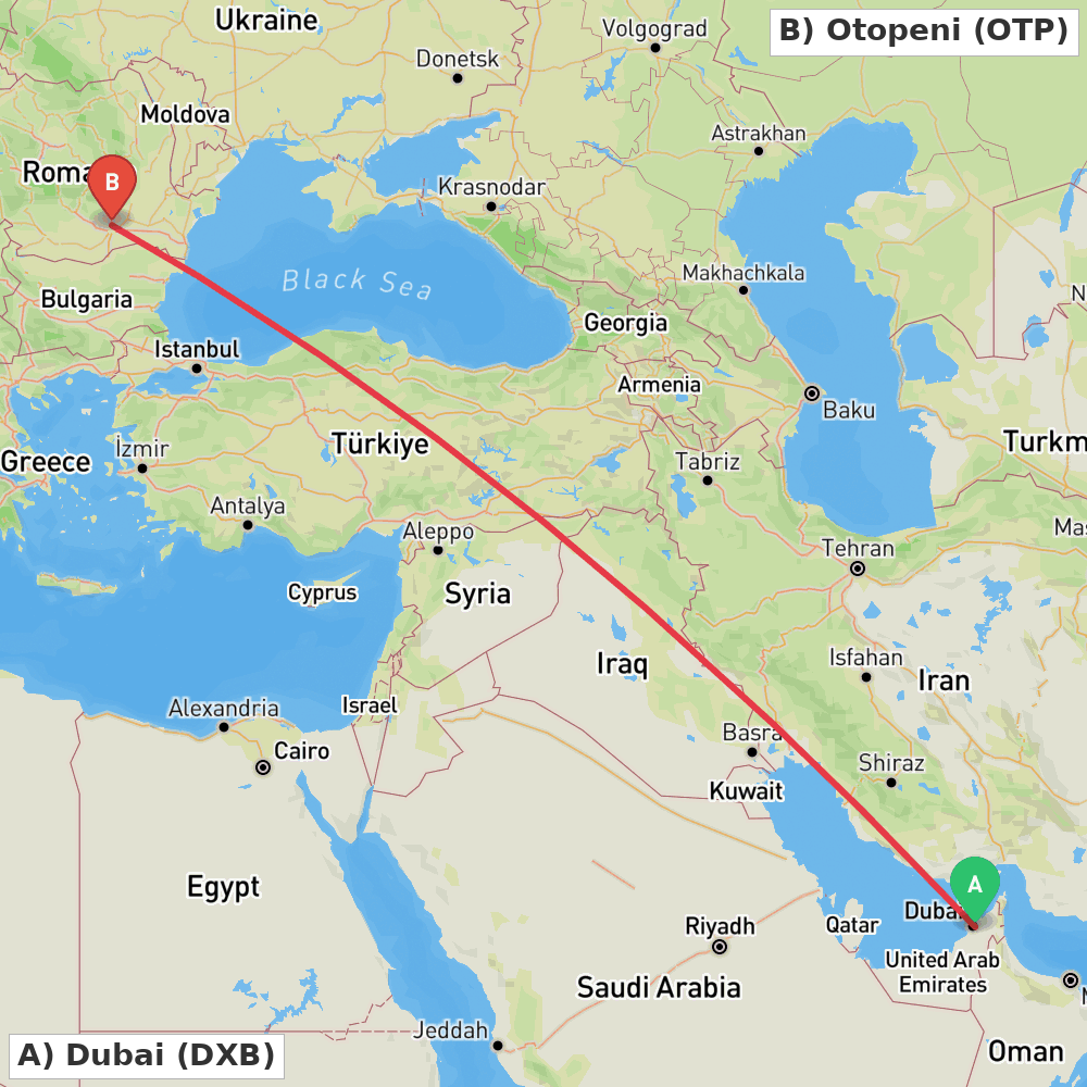 Flight route map from Dubai to Otopeni