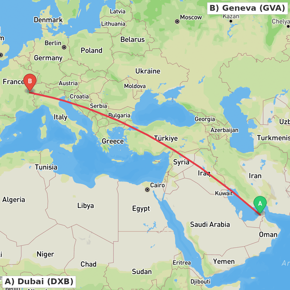 Flight route map from Dubai to Geneva