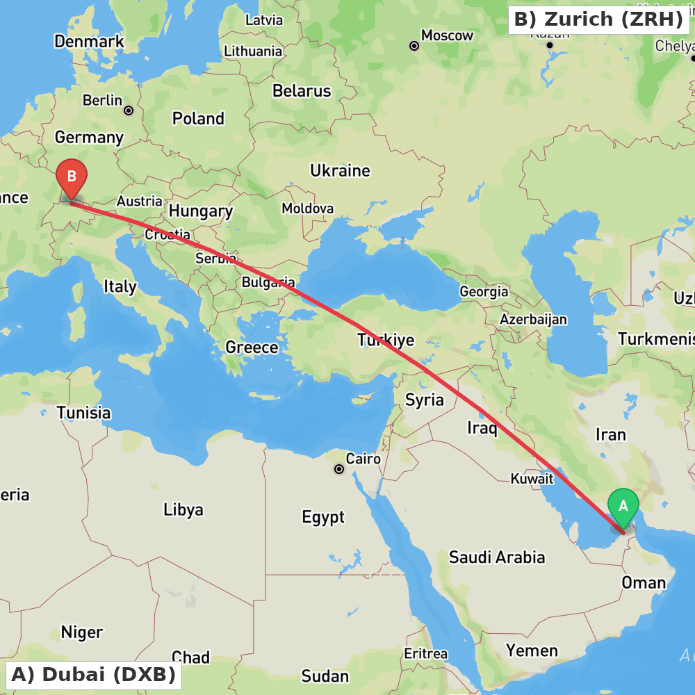 Flight route map from Dubai to Zurich
