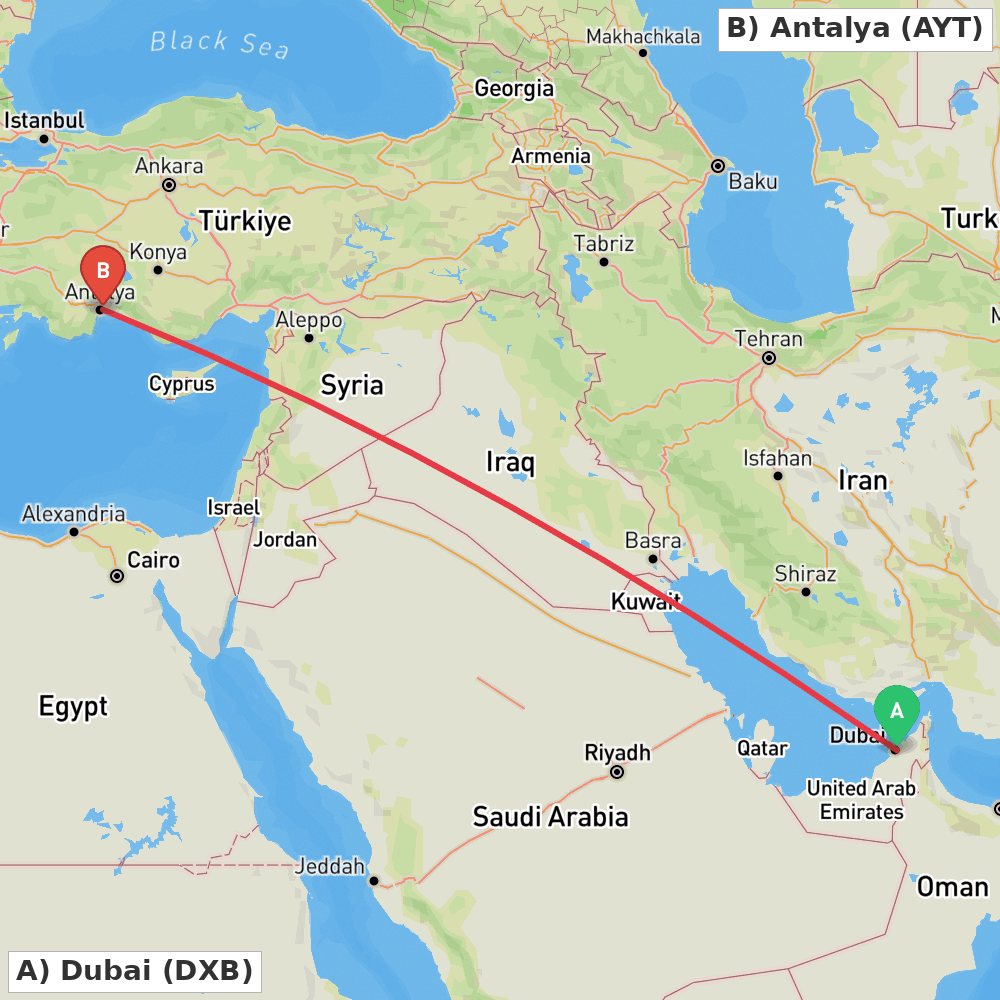 Flight route map from Dubai to Antalya
