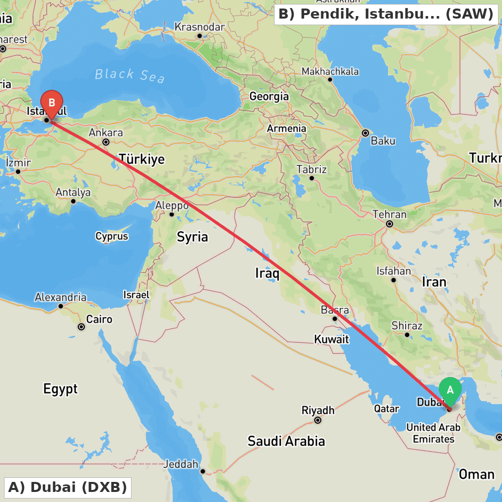 Flight route map from Dubai to Pendik, Istanbul