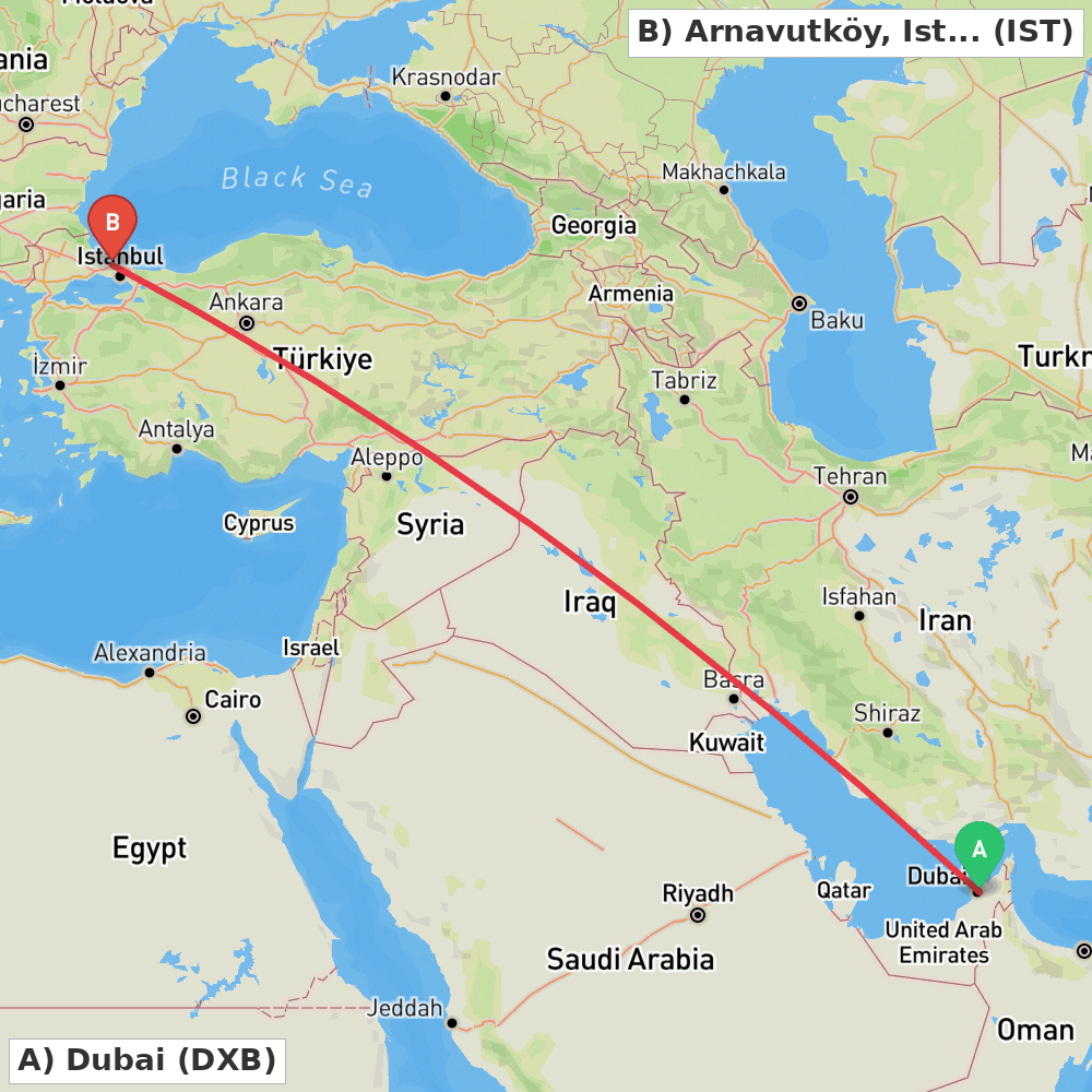 Flight route map from Dubai to Arnavutköy, Istanbul