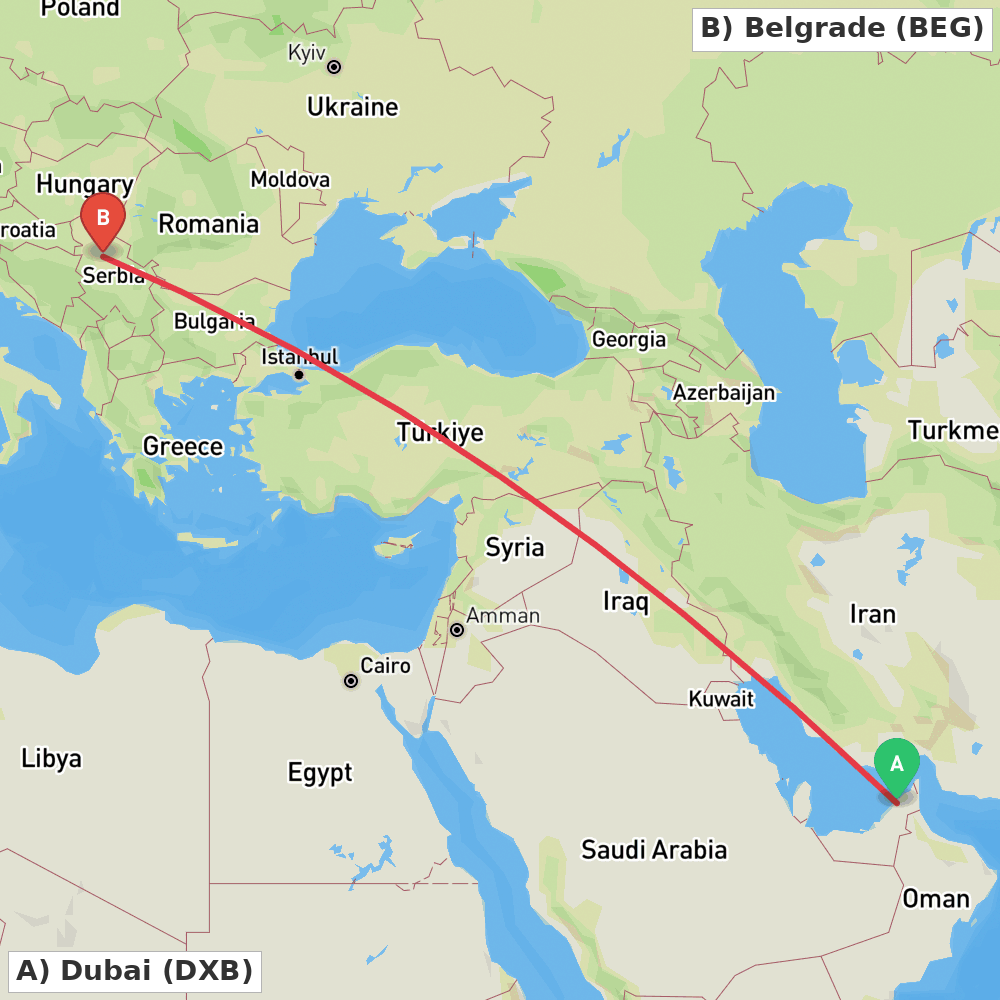 Flight route map from Dubai to Belgrade