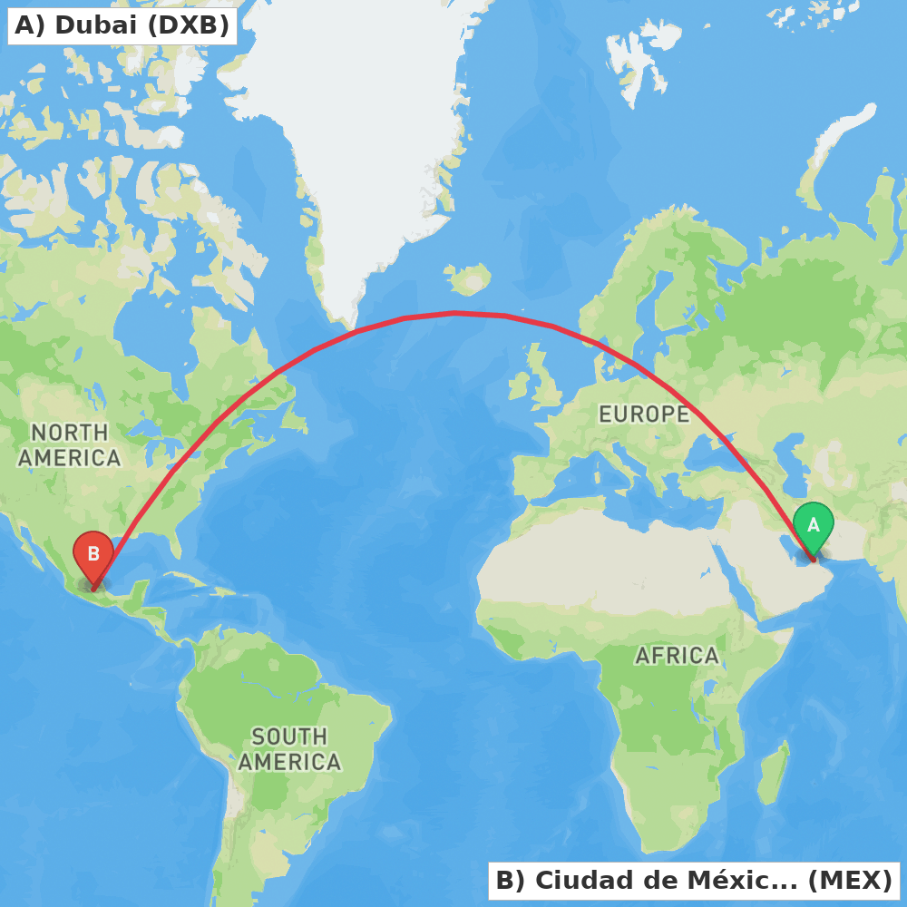 Flight route map from Dubai to Ciudad de México
