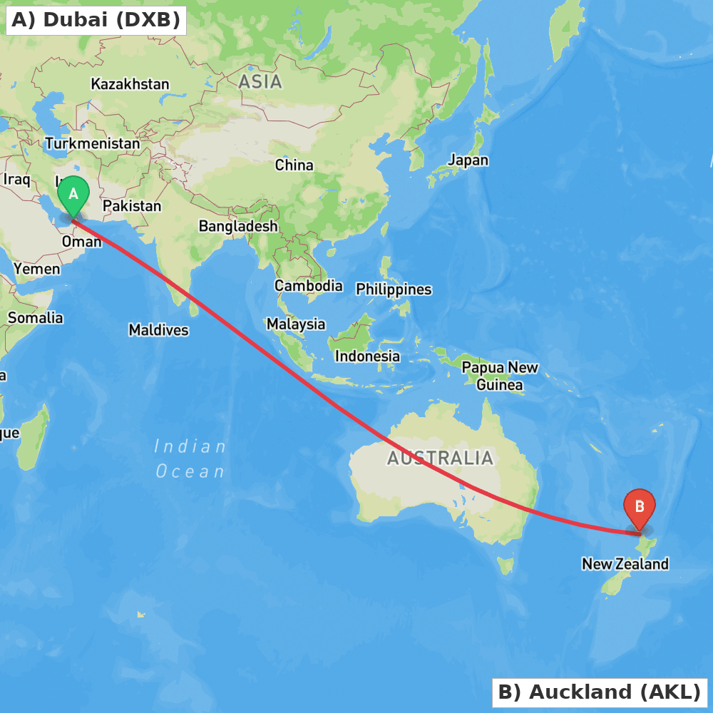 Flight route map from Dubai to Auckland