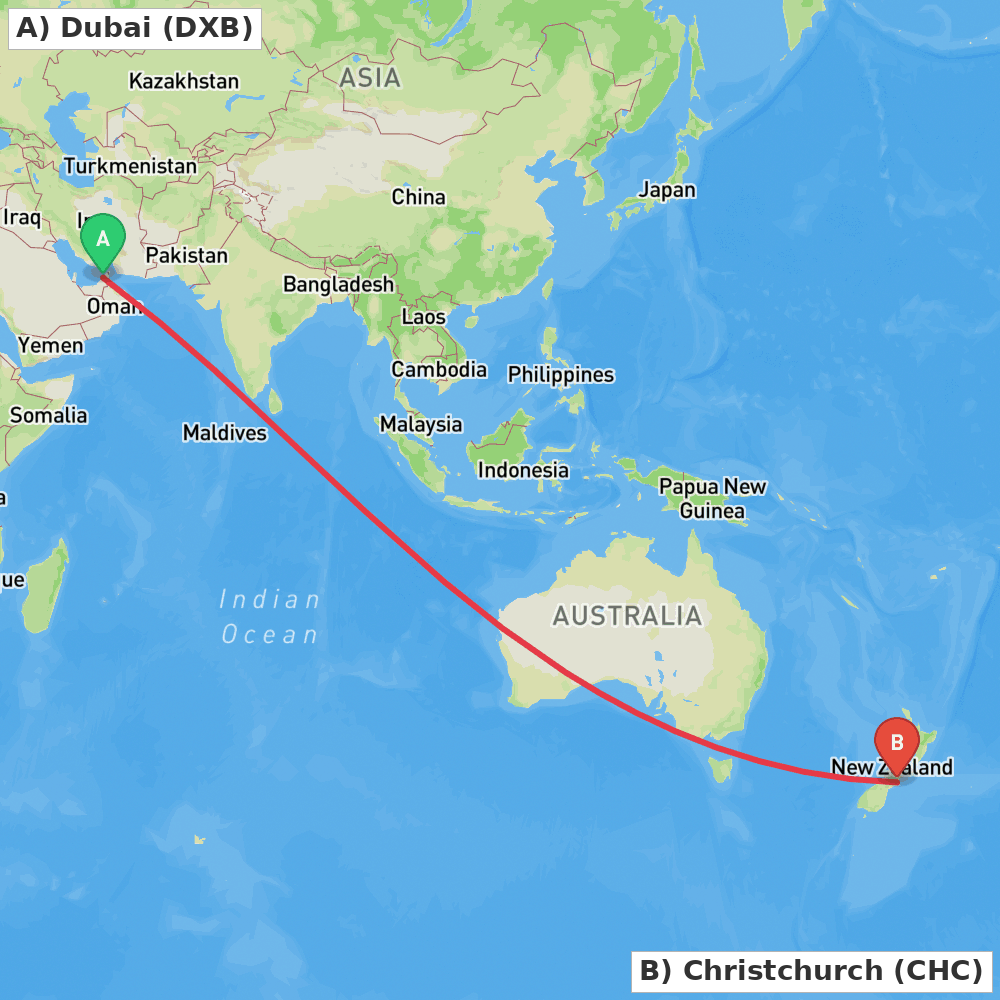 Flight route map from Dubai to Christchurch