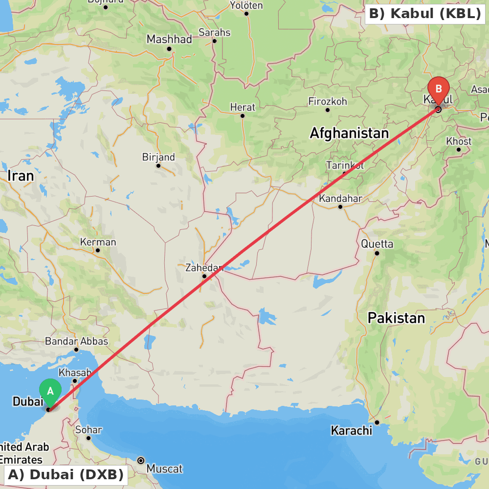 Flight route map from Dubai to Kabul