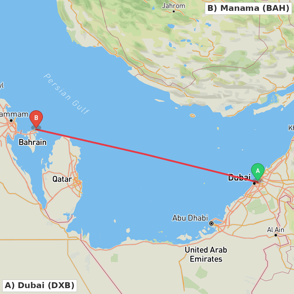 Flight route map from Dubai to Manama