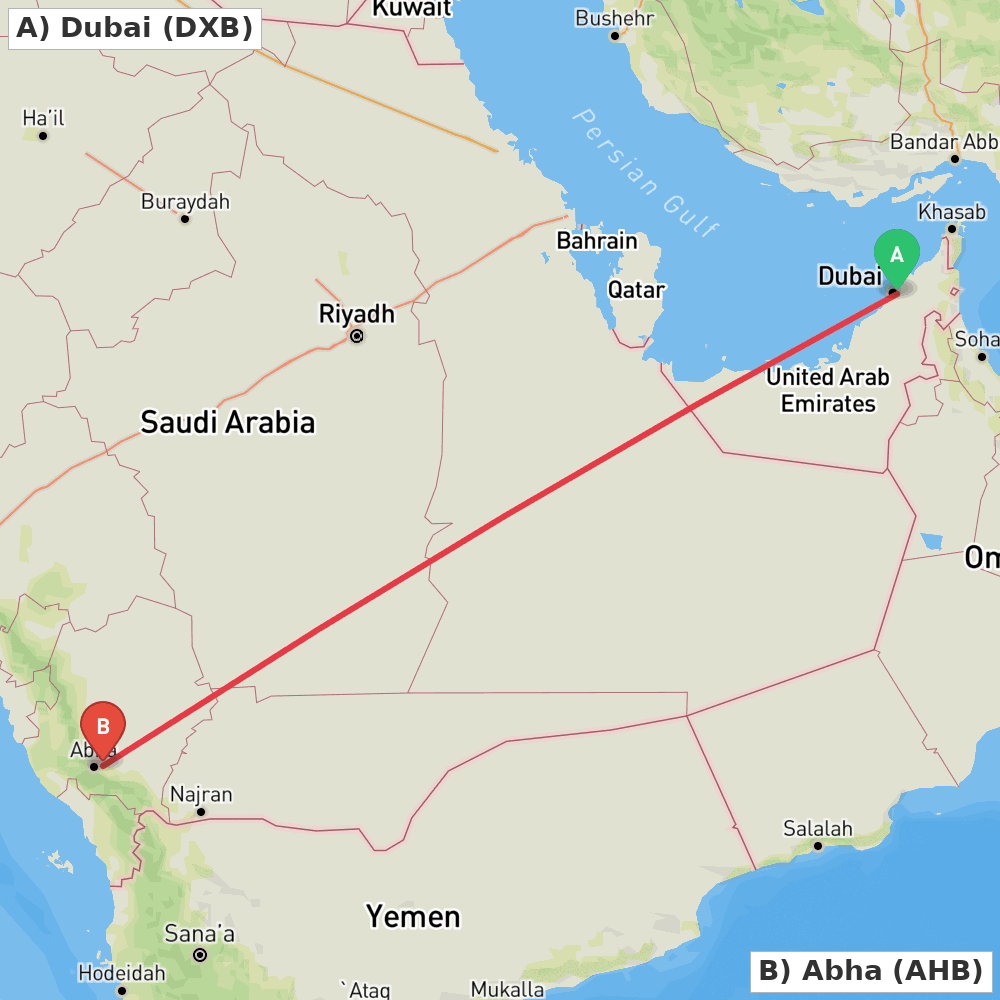 Flight route map from Dubai to Abha