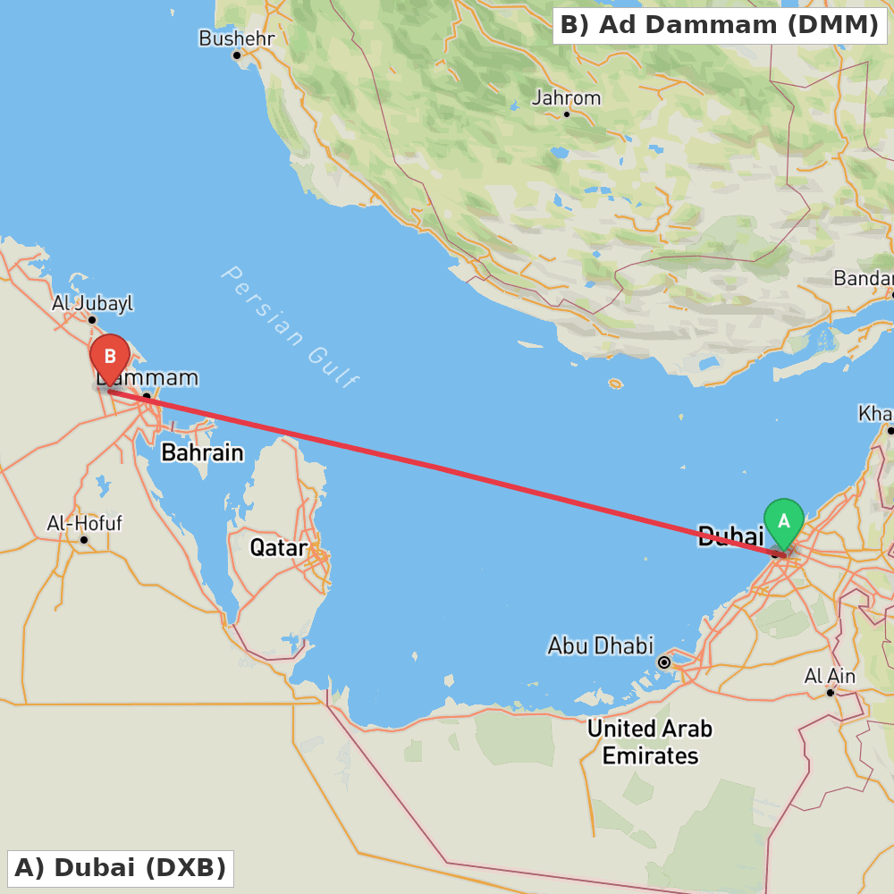 Flight route map from Dubai to Ad Dammam