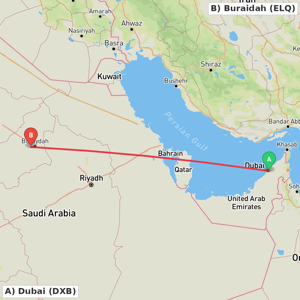 Flight route map from Dubai to Buraidah