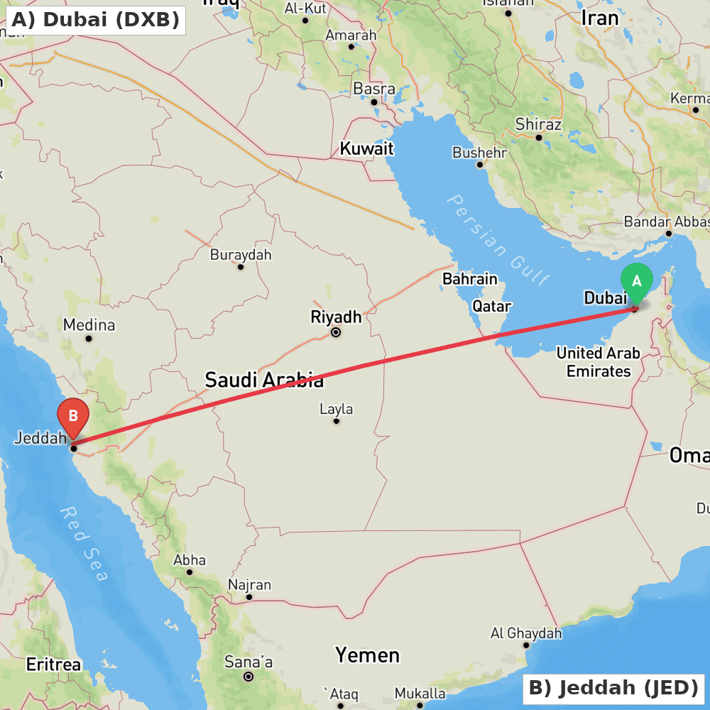 Flight route map from Dubai to Jeddah